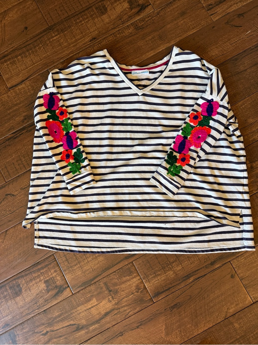 Gallabia Striped Embroidered Floral Sleeve Tunic Top Oversized Crochet Boho - Picture 2 of 6